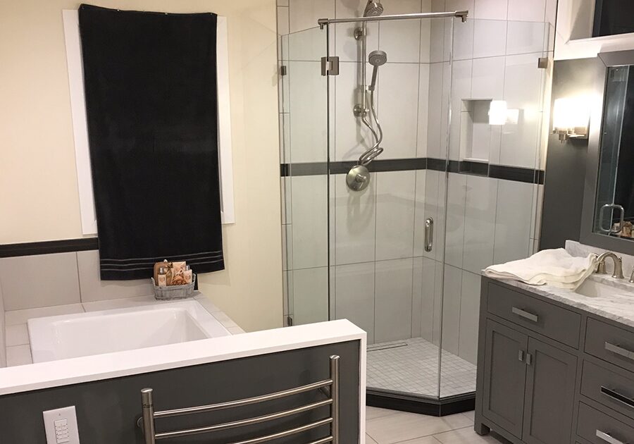 shower with charcoal cabinets